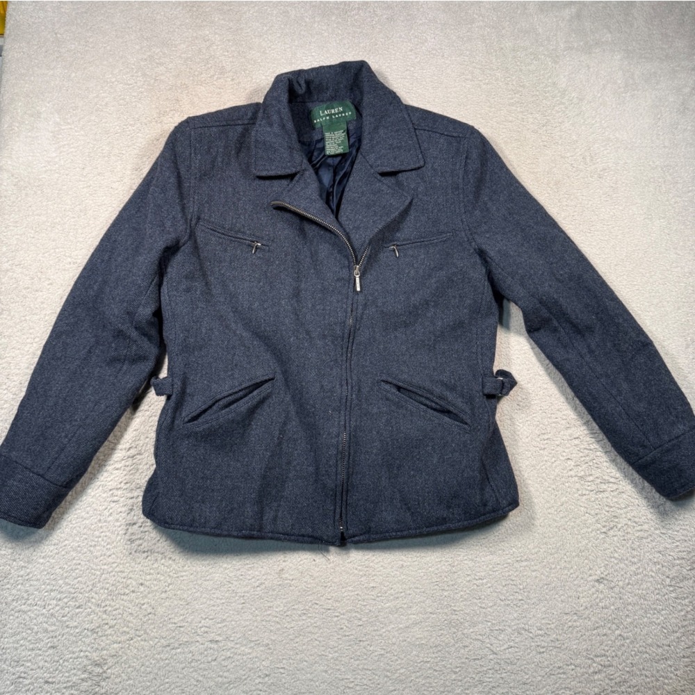 Vintage Lauren Ralph Lauren Wool Jacket Women S Blue Moto Lambswool Coat Y2K LRL